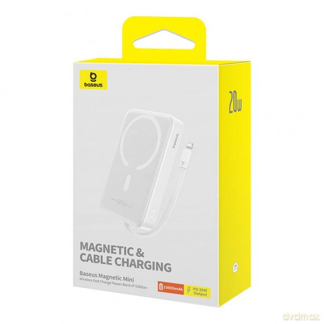 Powerbank Baseus Magnetic Mini MagSafe 10000mAh 20W z wbudowanym kablem Lightning - biały + kabel Baseus Simple Series USB-C - USB-C 60W 0.3m