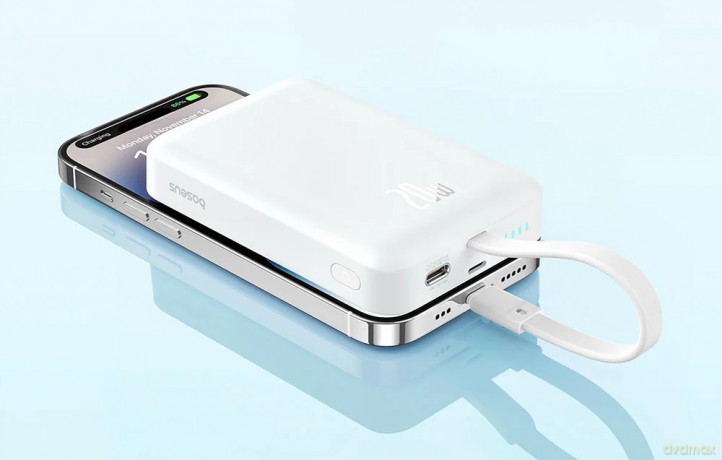Powerbank Baseus Magnetic Mini MagSafe 10000mAh 20W z wbudowanym kablem Lightning - biały + kabel Baseus Simple Series USB-C - USB-C 60W 0.3m