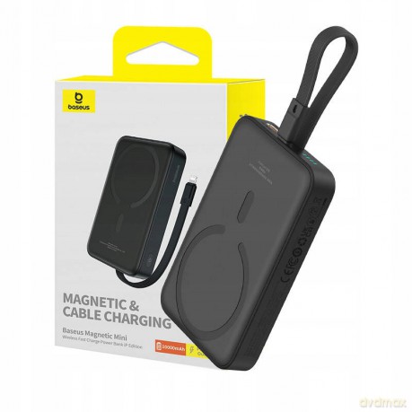 Powerbank Baseus Magnetic Mini MagSafe 10000mAh 20W z wbudowanym kablem Lightning - czarny + kabel Baseus Simple Series USB-C - USB-C 60W 0.3m