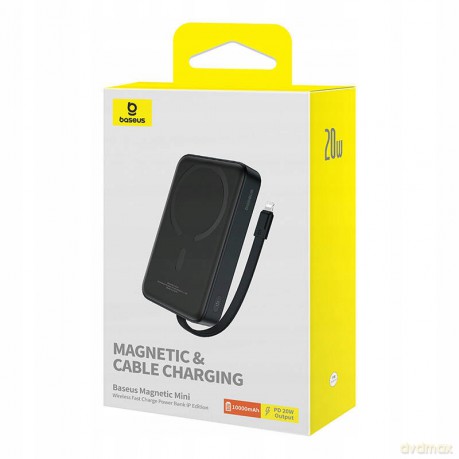 Powerbank Baseus Magnetic Mini MagSafe 10000mAh 20W z wbudowanym kablem Lightning - czarny + kabel Baseus Simple Series USB-C - USB-C 60W 0.3m