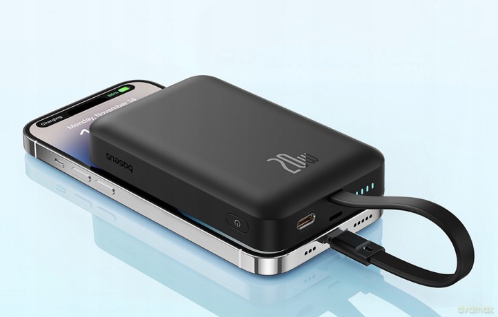 Powerbank Baseus Magnetic Mini MagSafe 10000mAh 20W z wbudowanym kablem Lightning - czarny + kabel Baseus Simple Series USB-C - USB-C 60W 0.3m