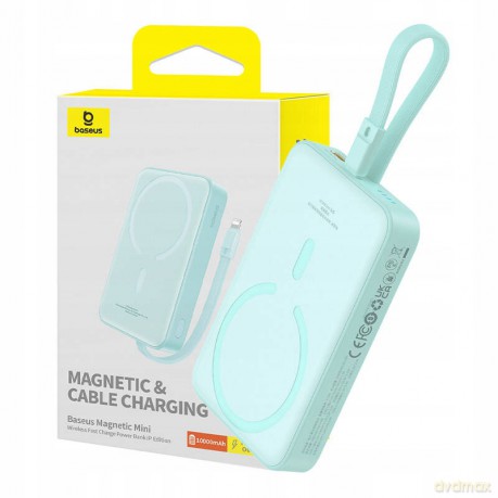 Powerbank Baseus Magnetic Mini MagSafe 10000mAh 20W z wbudowanym kablem Lightning - niebieski + kabel Baseus Simple Series USB-C - USB-C 60W 0.3m