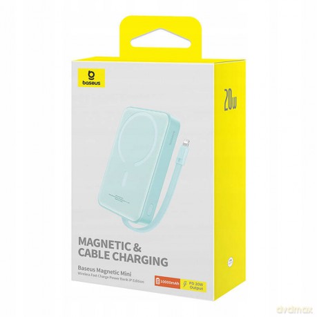 Powerbank Baseus Magnetic Mini MagSafe 10000mAh 20W z wbudowanym kablem Lightning - niebieski + kabel Baseus Simple Series USB-C - USB-C 60W 0.3m