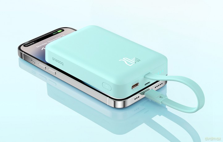 Powerbank Baseus Magnetic Mini MagSafe 10000mAh 20W z wbudowanym kablem Lightning - niebieski + kabel Baseus Simple Series USB-C - USB-C 60W 0.3m