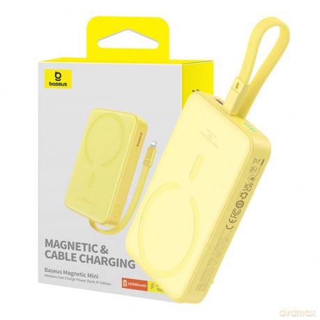 Powerbank Baseus Magnetic Mini MagSafe 10000mAh 20W z wbudowanym kablem Lightning - żółty + kabel Baseus Simple Series USB-C - USB-C 60W 0.3m