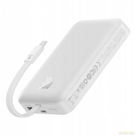 Powerbank Baseus Magnetic Mini MagSafe 10000mAh 30W z wbudowanym kablem Lightning - biały + kabel Baseus Simple Series USB-C - USB-C 60W 0.3m