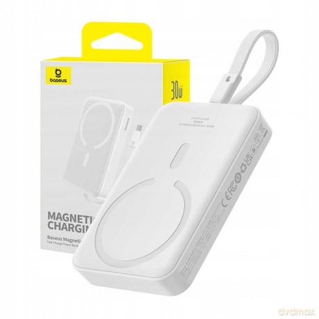 Powerbank Baseus Magnetic Mini MagSafe 10000mAh 30W z wbudowanym kablem Lightning - biały + kabel Baseus Simple Series USB-C - USB-C 60W 0.3m