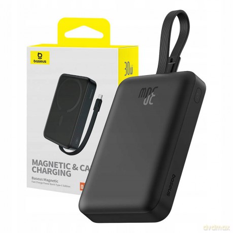Powerbank Baseus Magnetic Mini MagSafe 10000mAh 30W z wbudowanym kablem Lightning - czarny + kabel Baseus Simple Series USB-C - USB-C 60W 0.3m