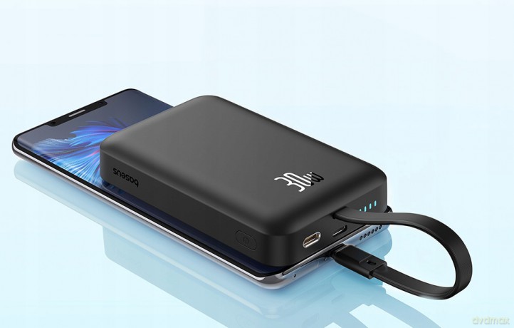 Powerbank Baseus Magnetic Mini MagSafe 10000mAh 30W z wbudowanym kablem Lightning - czarny + kabel Baseus Simple Series USB-C - USB-C 60W 0.3m