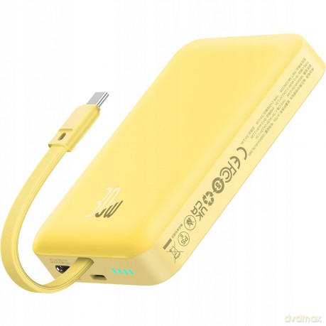 Powerbank Baseus Magnetic Mini MagSafe 10000mAh 30W z wbudowanym kablem Lightning - żółty + kabel Baseus Simple Series USB-C - USB-C 60W 0.3m