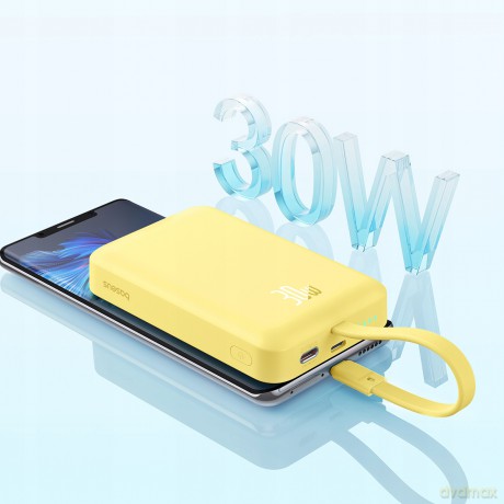 Powerbank Baseus Magnetic Mini MagSafe 10000mAh 30W z wbudowanym kablem Lightning - żółty + kabel Baseus Simple Series USB-C - USB-C 60W 0.3m