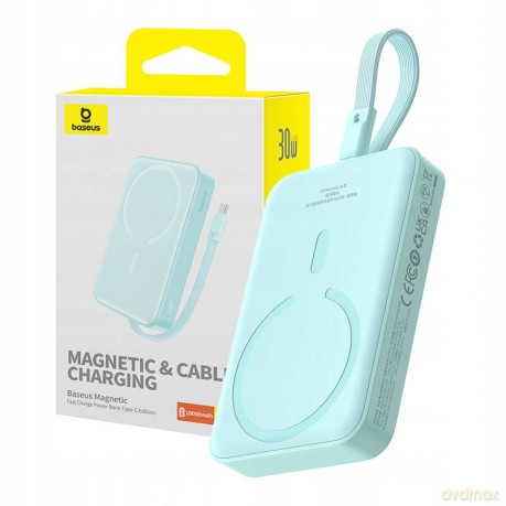 Powerbank Baseus Magnetic Mini MagSafe 10000mAh 30W z wbudowanym kablem USB-C - niebieski + kabel Baseus Simple Series USB-C - USB-C 60W 0.3m