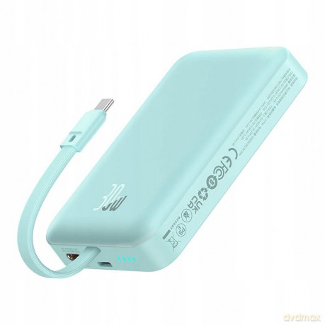 Powerbank Baseus Magnetic Mini MagSafe 10000mAh 30W z wbudowanym kablem USB-C - niebieski + kabel Baseus Simple Series USB-C - USB-C 60W 0.3m