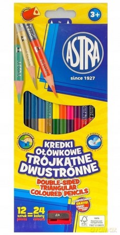 Kredki ołówkowe trójkątne dwustronne Astra 12 szt. 24 kolory z temperówką
