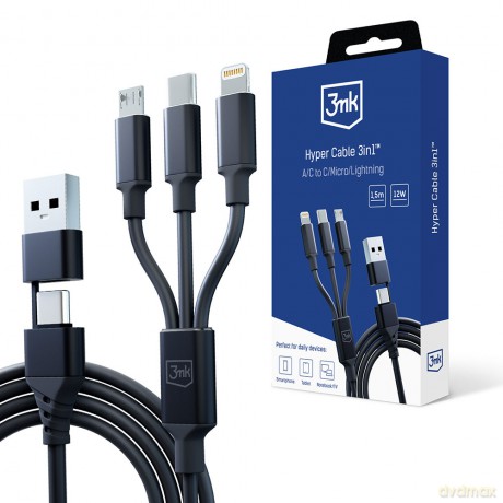 Kabel 3mk Hyper Cable 3in1 A/C to C/Micro/Lightning 1.5m black