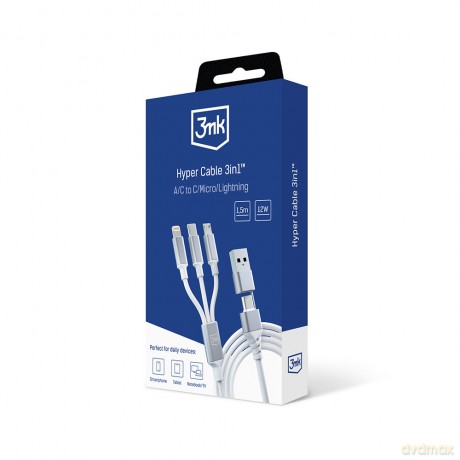 Kabel 3mk Hyper Cable 3in1 A/C to C/Micro/Lightning 1.5m White