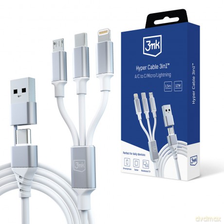 Kabel 3mk Hyper Cable 3in1 A/C to C/Micro/Lightning 1.5m White