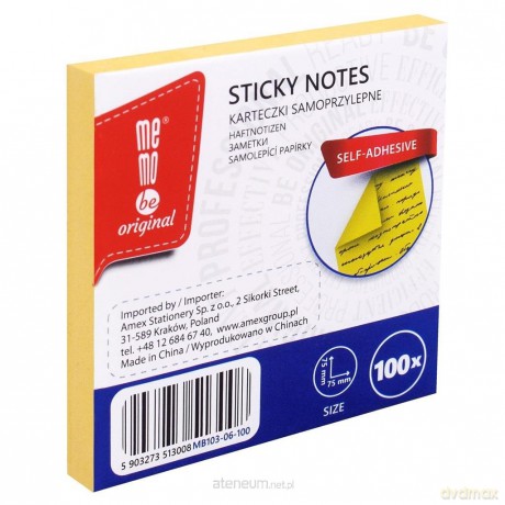 Bloczek samoprzylepny 75x75mm 100K żółty