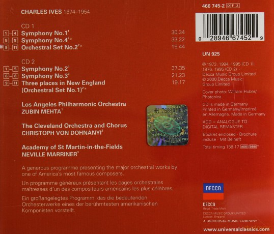 Neville Marriner: Ives: Symphonies [2CD]