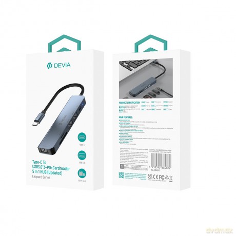 Devia adapter HUB 5w1 USB-C 3.1 do 3x USB 3.0 + SD/TF + PD ciemnoszary