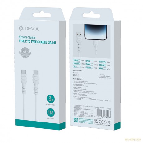 Devia kabel Kintone USB-C - USB-C 1,0 m 3A biały
