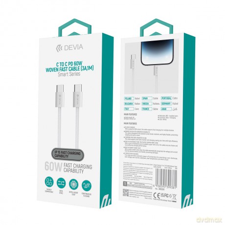 Devia kabel Smart PD USB-C - USB-C 1,0 m 60W 3A biały