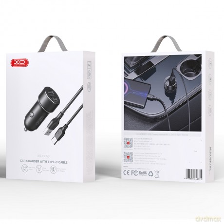 XO ładowarka samochodowa CC53 12W 2x USB czarna + kabel USB - USB-C