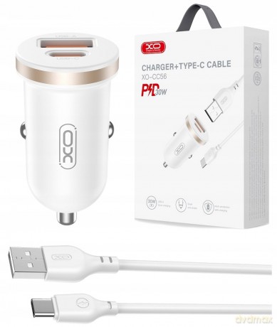 XO ładowarka samochodowa CC56 PD 30W QC 1x USB 1x USB-C biała + kabel USB - USB-C