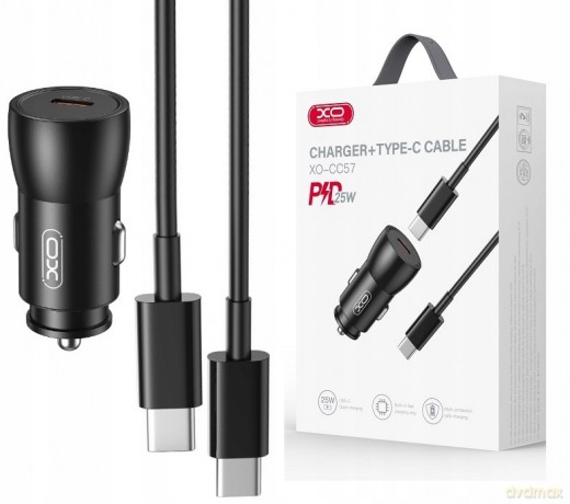 XO ładowarka samochodowa CC57 PD 25W 1x USB-C czarna + kabel USB-C - USB-C