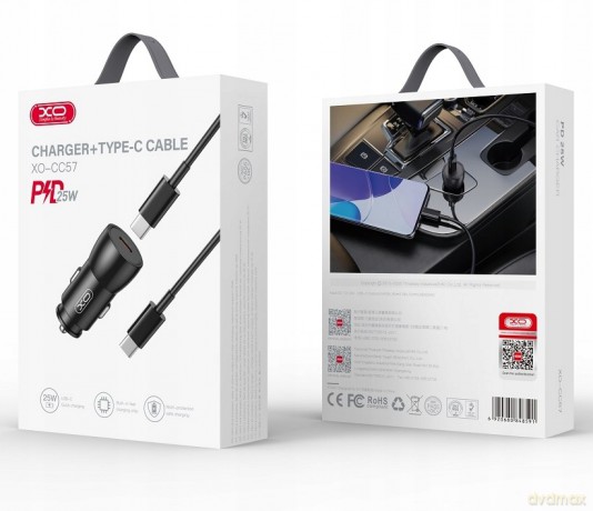 XO ładowarka samochodowa CC57 PD 25W 1x USB-C czarna + kabel USB-C - USB-C