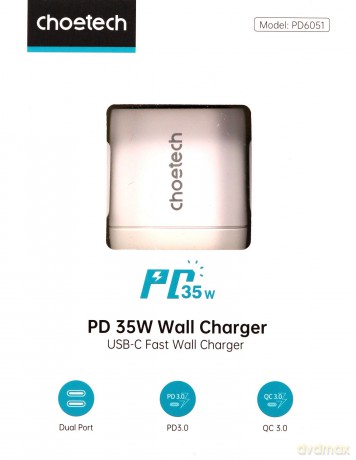 Ładowarka sieciowa GaN Choetech PD6051 2x USB-C PD 35W z wyświetlaczem - biała