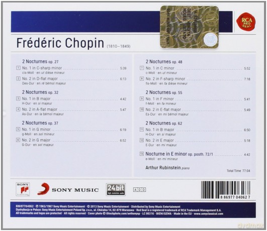 Arthur Rubinstein: Chopin: Nocturnes Op. 27, 32, 37, 48, 55, 62 & 72 [CD]