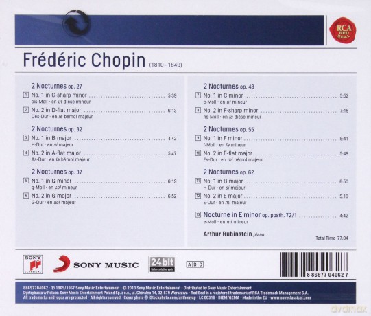 Arthur Rubinstein: Chopin: Nocturnes Op. 27, 32, 37, 48, 55, 62 & 72 [CD]