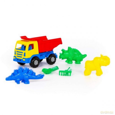 Polesie 93240 Zestaw Nr643: "Miraż", samochód-wywrotka + szufelka Nr2, grabki Nr2, foremki (mamut + dinozaur Nr 1 + dinozaur Nr 2)