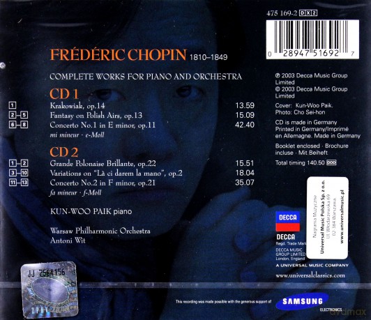 Paik Kun-Woo: Chopin Works For Piano&Orchestra [CD]