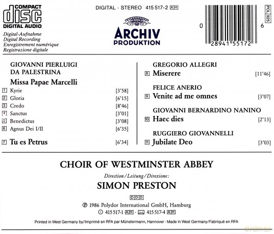 Palestrina/Preston: Missa Papae Marcelli [CD]