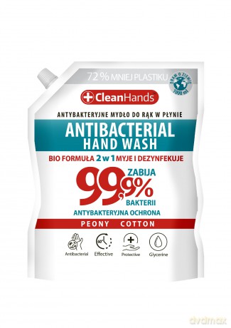 CLEAN HANDS Mydło antybakteryjne BIO 99,9% Peony&Cotton zapas 1000 ml