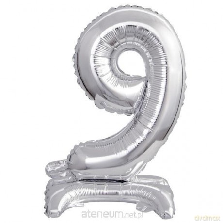 Balon foliowy mini cyfra 9 na stojaku srebrna