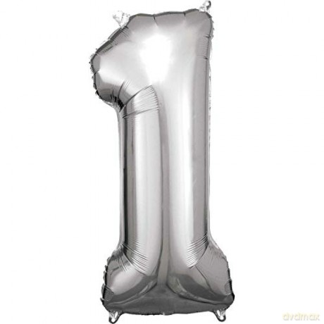 Duza Cyfra 1 Srebrny Balon Foliowy N34 Spakowany 38 cm X 86 cm