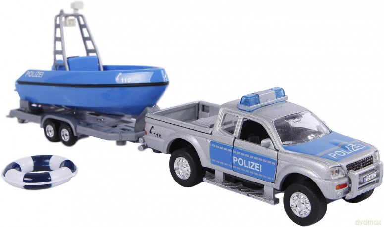 Auto Policja 12cm z łódką światło dźwięk pod kloszem
