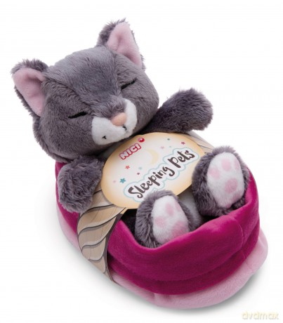 NICI Pluszowa zabawka Sleeping Pets szary kot w różowym koszyku 12cm