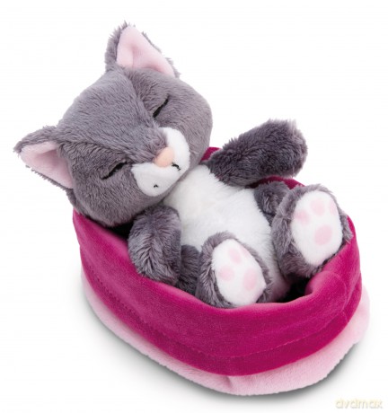 NICI Pluszowa zabawka Sleeping Pets szary kot w różowym koszyku 12cm