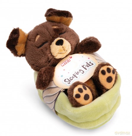 NICI Pluszowa zabawka Sleeping Pets brązowy piesek w zielonym koszyku 12cm