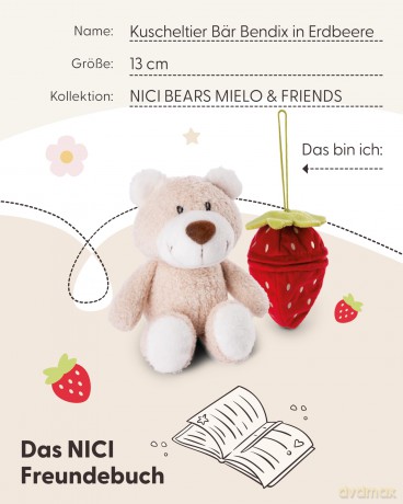 NICI Kuscheltier Bär Bendix 13cm mit Loop in Erdbeere
