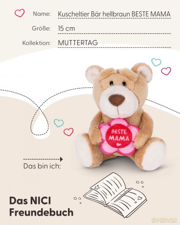 NICI Kuscheltier Bär hellbraun BESTE MAMA 15cm schlenkernd