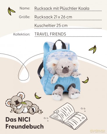 NICI Plecak z przytulanką 21x26cm Koala 25cm błękitny