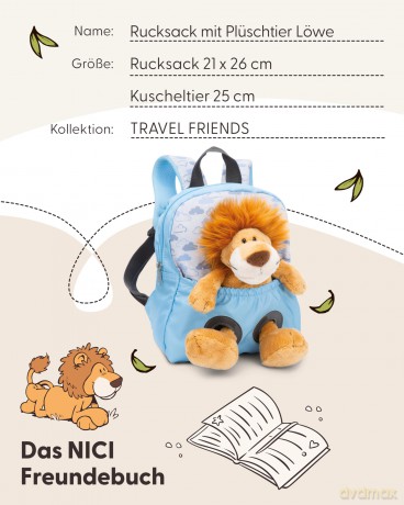NICI Plecak z przytulanką 21x26cm Lew 25cm błękitny