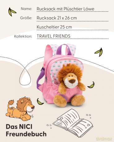 NICI Plecak z przytulanką 21x26cm Lew 25cm różowy