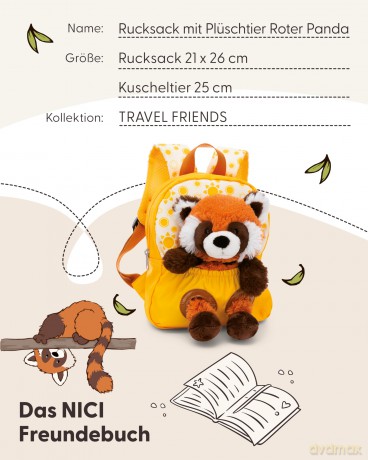 NICI Plecak z przytulanką 21x26cm Panda czerwona 25cm żółty