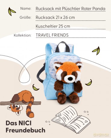 NICI Plecak z przytulanką 21x26cm Panda czerwona 25cm błękitny